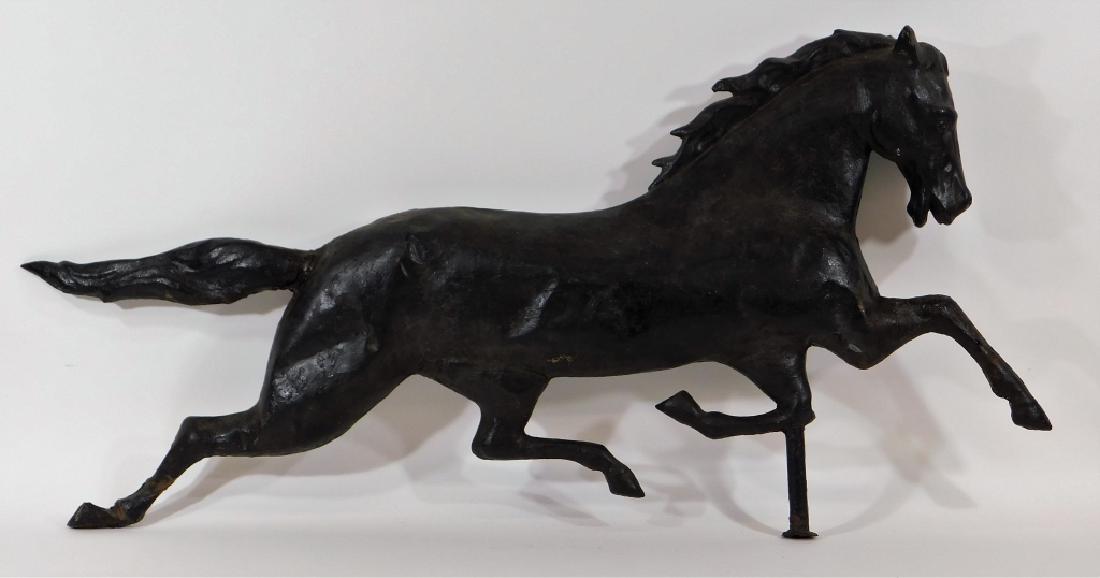 19C Ethan Allen Full-Bodied Horse Weathervane: United States,Late 19th-Early 20th CenturyFull-bodied copper Ethan Allen type weathervane with zinc head.Copper,36" long x 18" tall,From the collection of a Warwick, Rhode Island gentleman.
