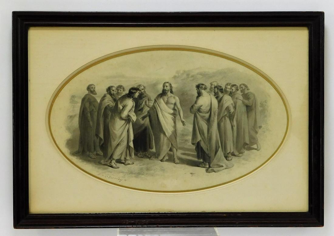 Felix Darley Jesus & Disciples Classical Painting: Felix Darley,Delaware, New York,1822- 1888 Realistic depiction of Jesus standing among his disciples each adorned with a halo. Watercolor on paper,Sight 7 1/2" x 13",Frame 13 1/2" x 19 1/2" From the c