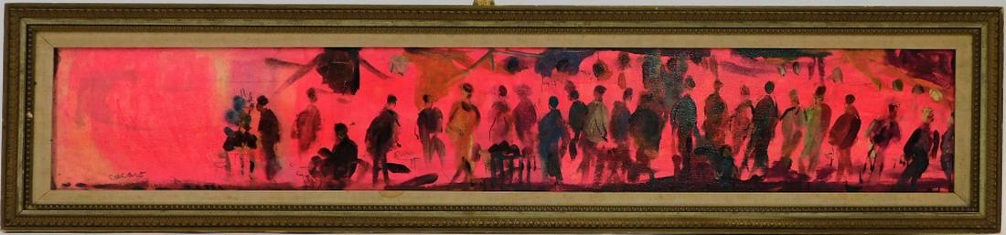 Pascal Cucaro Contemporary Figurative Painting: Pascal Cucaro,California, Ohio,1915-2004 Contemporary impressionist painting of several figures in muted colors against a vibrant red backdrop. Oil on canvas,Canvas 7 1/2" x 47 1/2",Frame 11 3/4" x 51