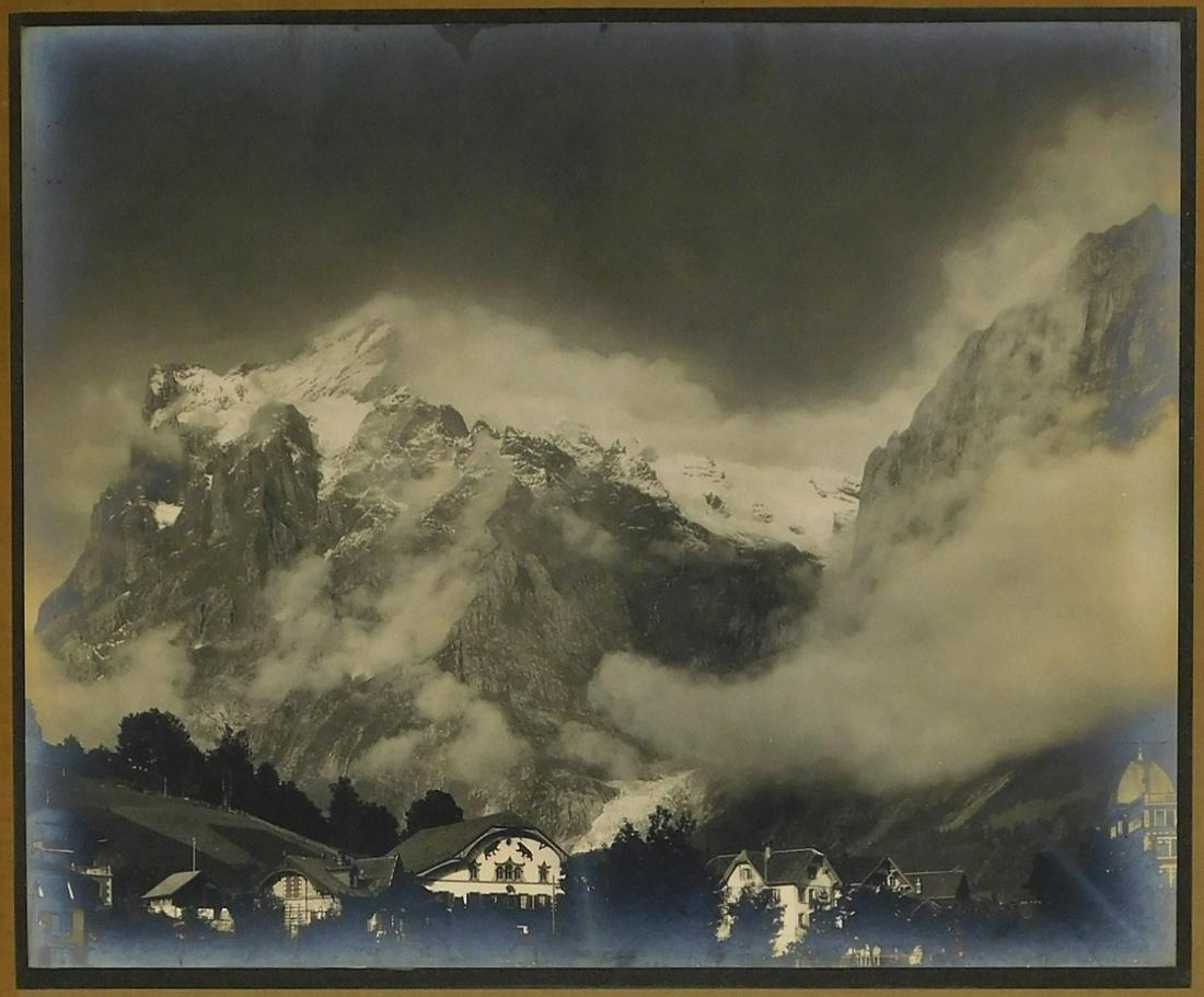 19C Wetterhorn Grindelwald Silver Tone Photograph: ,Switzerland,Late 19th century Identified photograph of Wetterhorn Peak at 12,000 feet from Grindelwald Village in the Swiss Alps. Silver tone photography,Photograph 11 3/4" x 14 1/4",Overall 17 1/4" 
