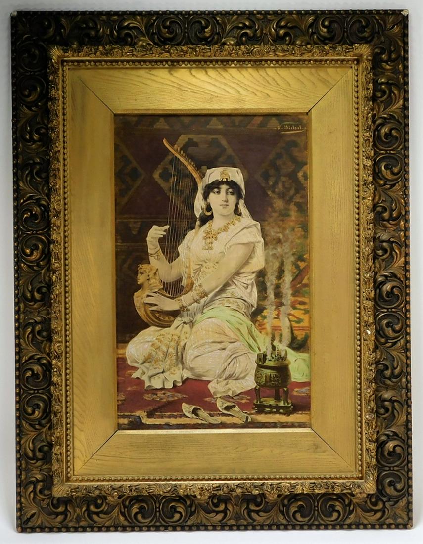 N. Sichel Chromolithograph of an Orientalist Woman: Nathaniel Sichel,Germany,1843-1907 Depicting a beautiful finely dressed woman with jewels playing a harp decorated with the head of an Egyptian Pharaoh, housed in its original period frame. Chromolith