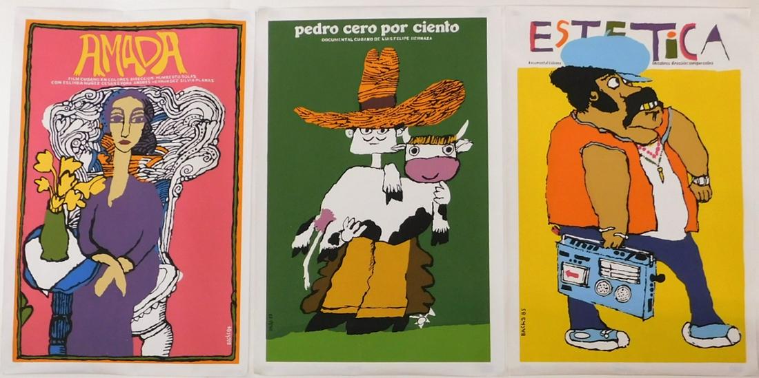 3PC Eduardo Munoz Bachs Modernist Cuban Posters: Eduardo Munoz Bachs,Cuba,1937-2001 Includes an "Amada" poster featuring a woman in purple sitting on a decorative chair, an "Estetica" poster with a man with gold tooth, and a "Pero Cero por Ciento" p