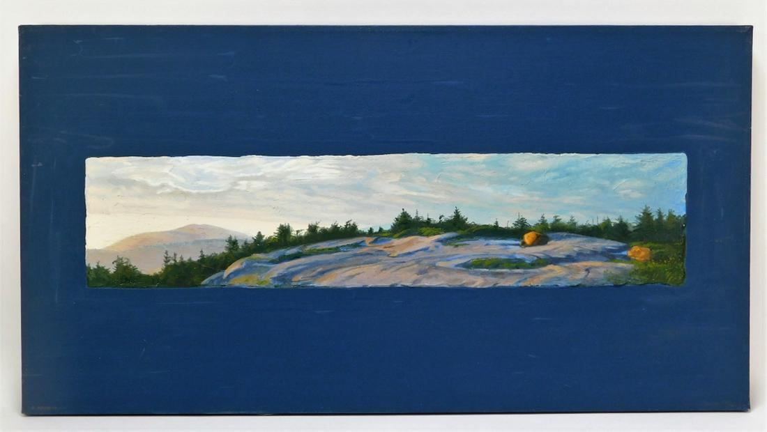 Conley Harris Twilight Mountain Landsacpe Painting: Conley Harris,New England,b.1943 Impressionist work depicting a mountainside overlooking a forest beneath a blue-pink sky. Oil on canvas,Canvas 18" x 34", From the collection of a Johnston, Rhode Isla