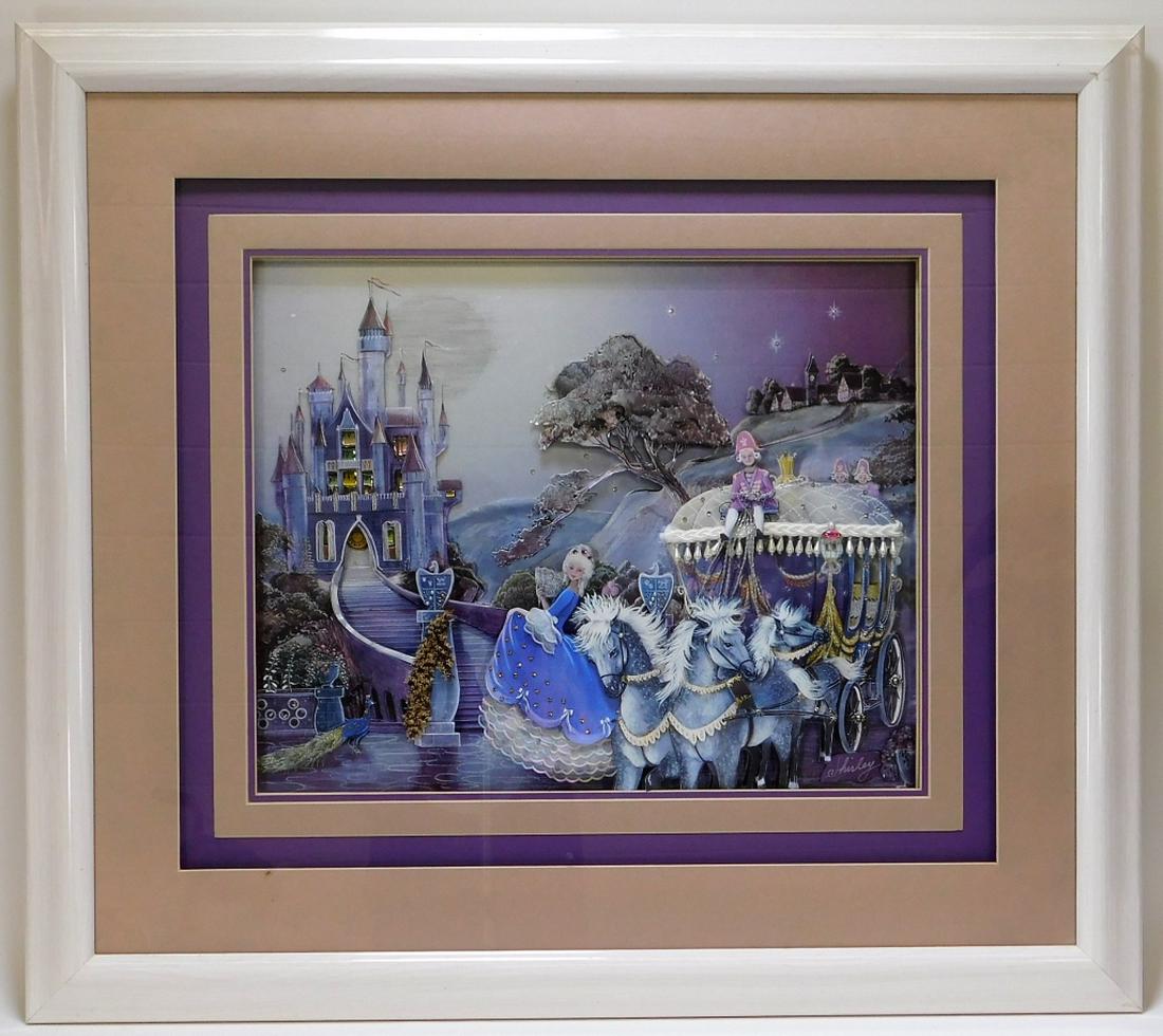 Walt Disney 3D Cut Lithograph of Cinderella Castle: ,United States,20th Century Depicting Cinderella dressed in blue with rhinestones departing a horse drawn carriage and walking towards her castle. Lithograph, fabric, beads,Sight 15 3/4" x 19 3/4",Fra