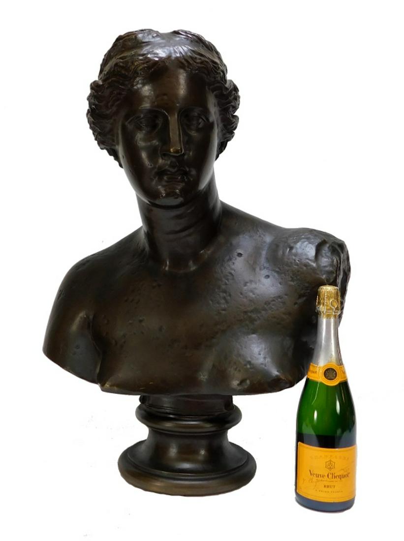 LARGE F. Barbedienne Bronze Bust of a Nude Woman: Ferdinand Barbedienne,France,1810-1892 Neoclassical bust of a nude Romanesque woman with wavy hair. Ferdinand Barbedienne was a highly skilled metal worker casting many Greek statues in bronze and fou