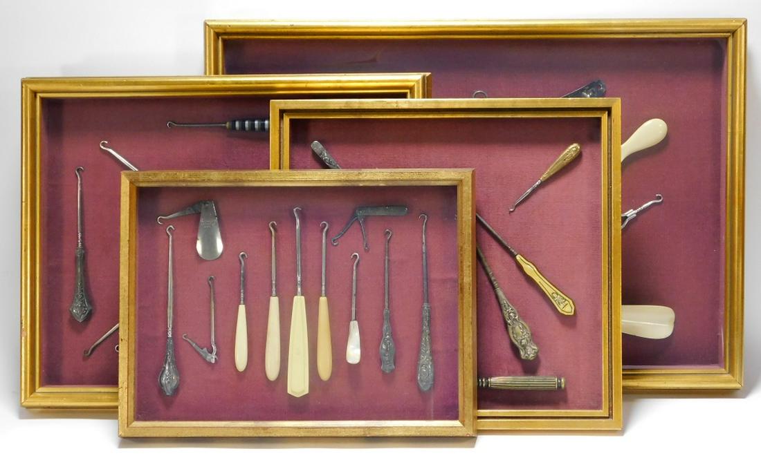 Victorian Advertising Shoe Horn Button Pull Group: ,United States,19th-Early 20th century Large collection of Victorian to early twentieth century shoe horns and button pulls, some with company advertisement nicely framed in shadow boxes. Medal, plast