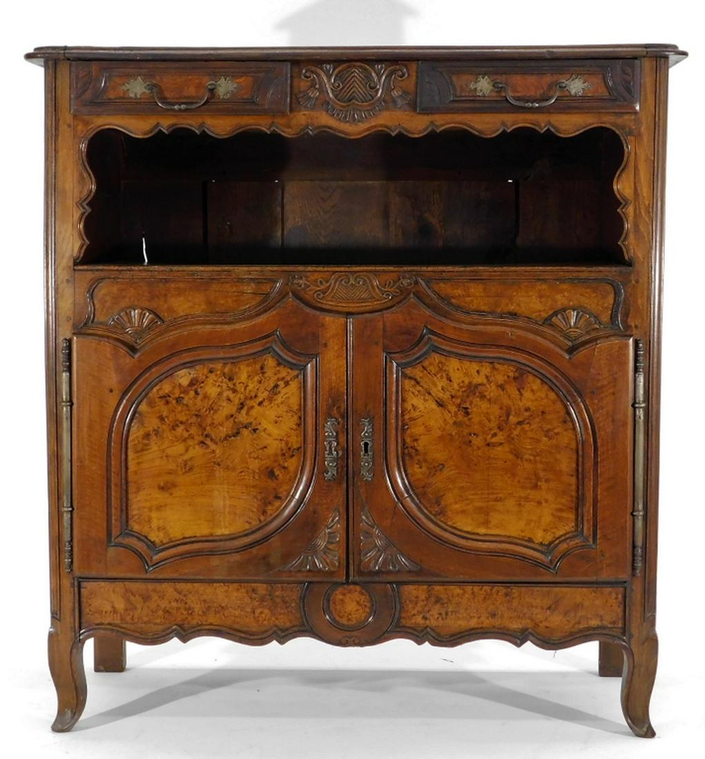 French Carved Oak Burl Wood Sideboard Server: ,France,19th Century Rectangular top over two drawers and open face compartment over two burl wood paneled doors with stylized apron supported by shapely feet. Wood,51 1/2" t x 48" w x 19" d, From the