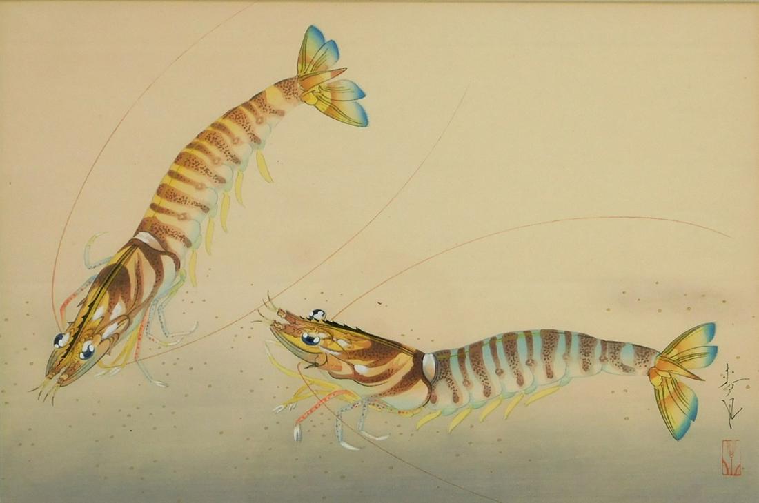 Ohno Bakufu Ukiyo-e Woodblock of Two Prawn Shrimp: Ohno Bakufu,Japan,1888-1976 From the Great Japanese Fish Picture Collection, Ohno Bakufu's best known collection of woodblock prints. Woodblock with color on paper,Sight 9 1/2" x 14 1/4",Frame 17" x 2