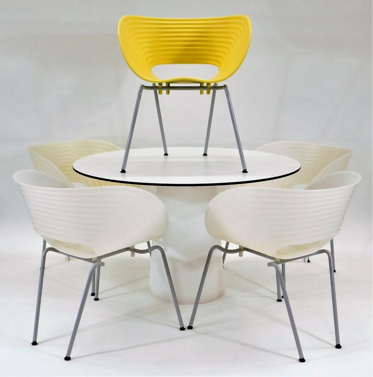 Tom Arad Table and Set of Five Tom Vac Chairs: Ron AradEurope,1990s Lot includes one round top table over column base, and five Tom Vac Vitra molded continuous arm stackable chairs resting on four metal legs. From the collection of a Providence, R