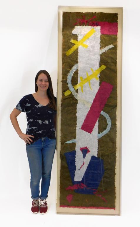 David Morgan Acrylic Cased Mixed Media Collage: United States,20th Century Hand colored paper over gray wool felt material. Numbered "97" on verso. From the collection of a Medfield, Massachusetts gentleman. Fiber, acrylic,96 1/2" x 30 1/4",