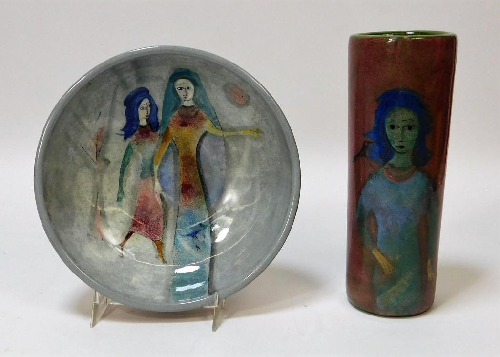 2PC Polia Pillin MCM Ceramic Pottery Bowl & Vase: Polia PillinNew Mexico, United States, Poland,1909-1992 Includes a cylindrical vase decorated with a blue haired woman and two blue deer on reverse, and a bowl with interior decoration of two women. B