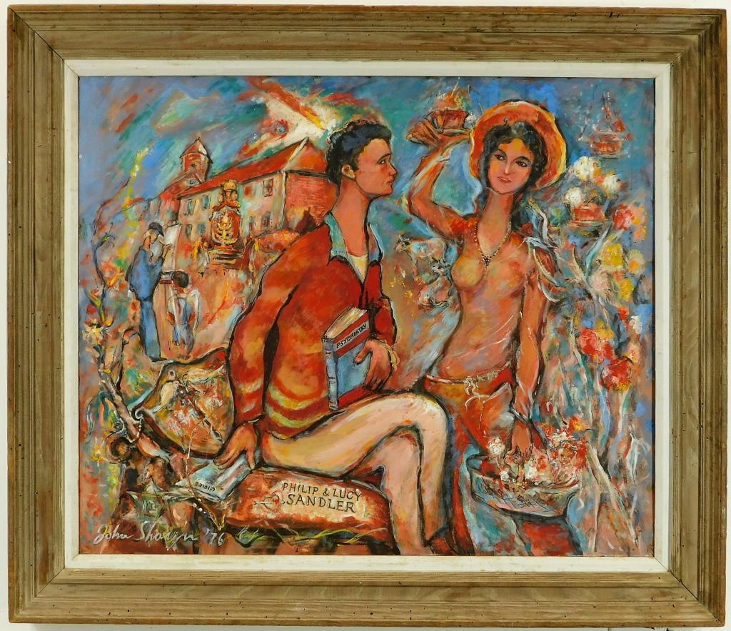 John Shayn Contemporary Couple Portrait Painting: John ShaynUnited States,1901-1977 Semi surreal portrait of a couple named Philip and Lucy Sandler as named in painting done in vivid swirling colors. Signed "John Shayn" lower right corner, labeled "J
