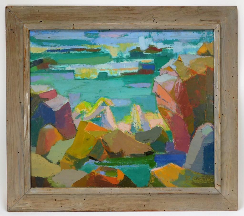 Frederick Carter Abstract Landscape Oil Painting: Frederick CarterTexas,1925-2010 Semi-abstract fauvist landscape of Texas depicting rocky terrain overlooking farmland with a river and town in the background. Signed "F. Carter" lower right corner. Fr