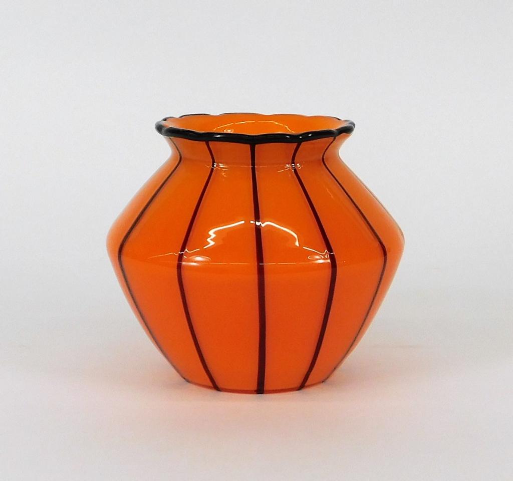 Michael Powolny Loetz AUSF 157 Art Glass Vase: Michael PowolnyAustria, Czechoslovakia,1871-1954 Squat form with black linear lines over an orange ground. From the collection of a Great Neck, New York family. Glass,5 1/4" x 6" dia.,