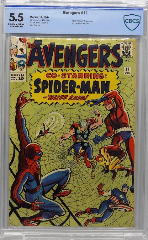 Marvel Comics Avengers #11 CBCS 5.5: United States,1964 Marvel Comics Avengers issue 11 from December, 1964. The book featured a Spider-Man cover and appearance. CBCS 5.5 w/ Off-White/White Pages CBCS case 13" x 8 1/4",