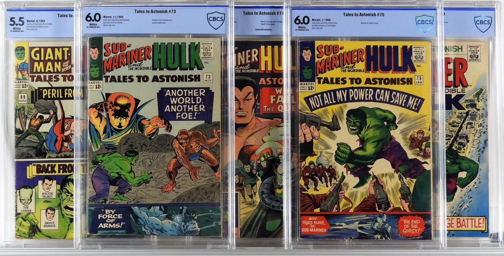 5PC Marvel Comics Tales to Astonish #68-#100 CBCS: United States,1965-1968 Group includes Marvel Comics Tales to Astonish issues 68, 73, 74, 75, and 100 (Sub-Mariner vs. Hulk cover and battle) from June, 1965-February, 1968. #68 CBCS 5.5 w/ White Page