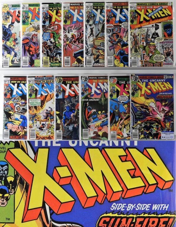 13PC Marvel X-Men #100-118 Partial Run CBCS 9.4: United States,1976-1979 Group includes Uncanny X-Men #100 (classic battle of original vs. new X-Men, 8.0), #104-106, #108, #110-116 (all 8.0-9.2+), and #118 (CBCS 9.4). 10 1/8" x 6 3/4",