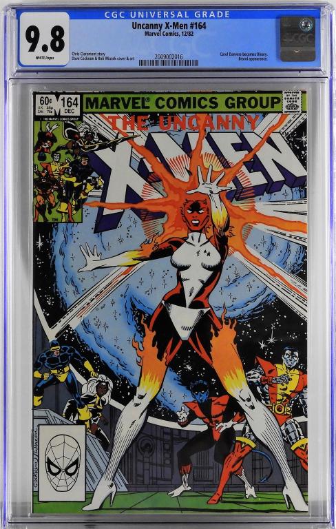 Marvel Comics Uncanny X-Men #164 CGC 9.8: United States,1982 Marvel Comics Uncanny X-Men issue164 from December, 1982. The book featured the first appearance of Carol Danvers as Binary. CGC 9.8 w/ White Pages CGC case 12 7/8" x 8 1/8",