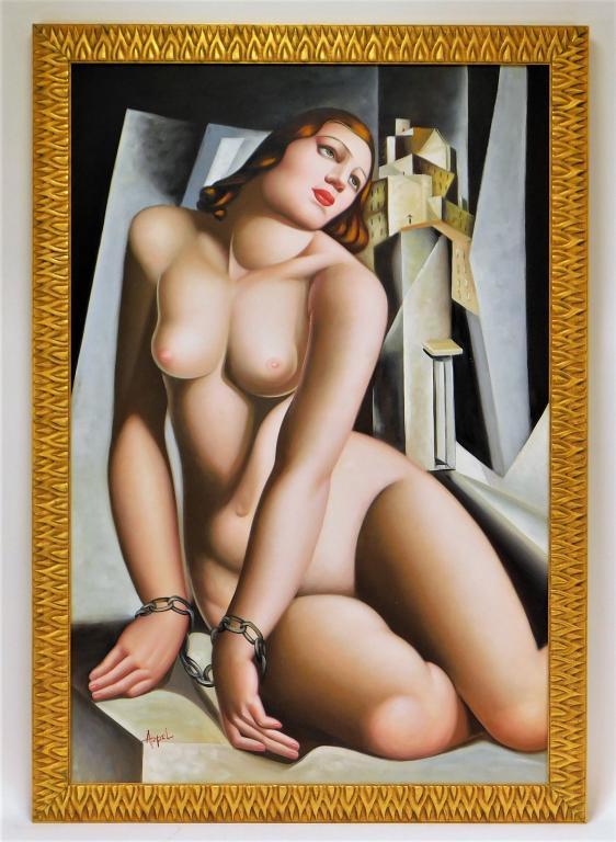 Aft. Tamara Lempicka Art Deco Nude Female Painting: United States,20th Century In the style of Tamara de Lempicka (1898-1980), a nude woman gazes off into the distance handcuffed with chains against a cubist background. Oil on canvas,Canvas 37" x 25",F