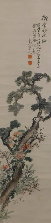 Japanese Arboreal Hanging Wall Scroll Ink Painting: Japan, Jagged tree branches dotted with pink flowers and calligraphy in the upper right corner with two collector's marks. Ink, paper, silk Overall 77 1/2" x 17 3/4",Image 53" x 13" Spanning 250 years