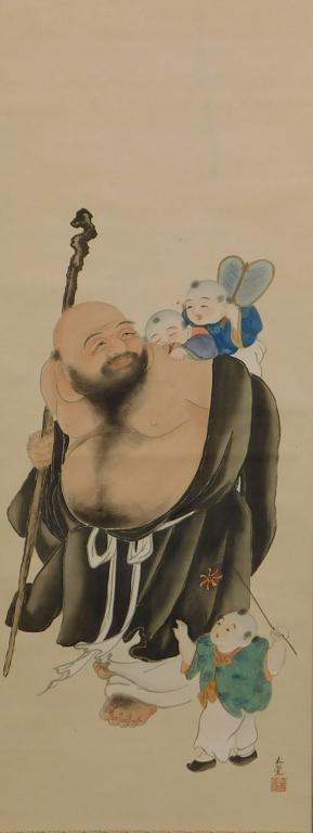 Japanese Buddha Hanging Wall Scroll Painting: Japan, Buddha carrying two small children on his back with a third walking beside him carrying a pinwheel. Calligraphy and collector's mark to the lower right, painted on a shimmering silk base. Ink,