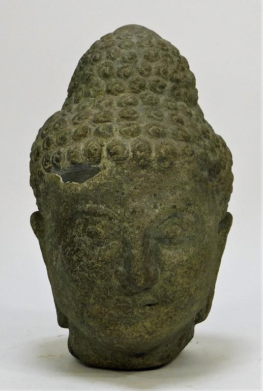 Antique Thai Carved Stone Buddha Head Fragment: Thailand,18th Century Figural Buddha with down cast eyes, slight sloping nose, small lips, and soft contours giving Buddha an androgynous look. Notice the detailed carving of Buddha's hair nodules. St