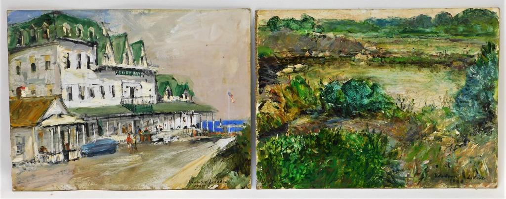 PR Vladimir Lebedev Block Island Paintings: Vladimir Lebedev Russia, United States,1910-1998 Impressionistic landscapes, one depicting a lush green area with a pond and one street view looking out toward the ocean. Oil on board.,Overall 12" x 1