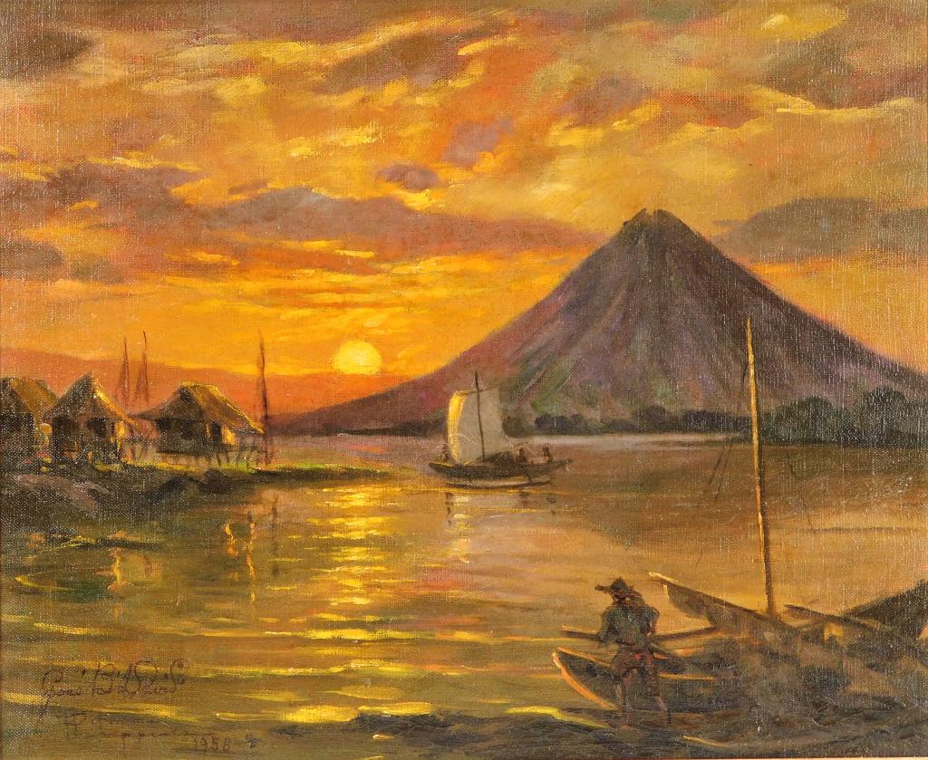 Jose B. David Marine Seascape at Sundown Painting: Jose B. David United States, Philippines,1909-1990 Impressionist view of sailboats floating through calm waters with a mountain towering against the sky. Close to that of the Amorsolo school, David cr