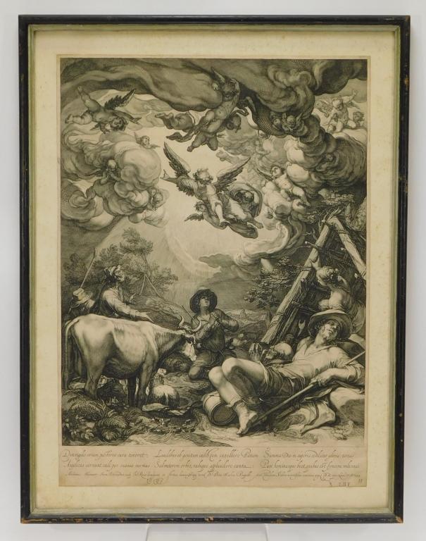 Abraham Bloemaert Religious Genre Scene Etching: Abraham Bloemaert Netherlands,1564-1651 Surreal depiction of a young man keeping watch over a sleeping shepherd while the sky above opens up with with many cherubic figures and a wall of Latin text ex