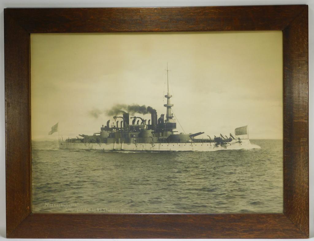 LG Nathaniel Stebbins Maritime Steamship Photo: Nathaniel L. Stebbins Massachusetts,1847-1922 Monumental photograph of a large steamship with an American flag waving off the stern. Photograph,Sight 28 1/4" x 40",Frame 36 1/4" x 47 1/2" Marked "'Mas