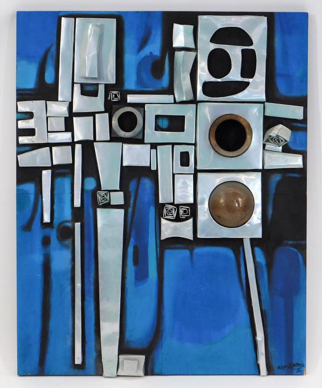 Sapto Hoedojo Abstract 3D Wall Sculpture: Sapto Hoedojo Indonesia,1925-2003 Industrial futuristic metal design over a vivid blue and black background. Painting and metal on board,47 1/2" x 37 3/4", Signed "Sapto Hoedojo" and dated "70" lower 