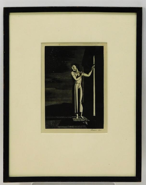 Rockwell Kent Starry Night Woodblock Print: Rockwell Kent New York,1882-1971 Starry Night Woodblock on paper,Impression area 7" x 5",Frame 14 3/4" x 11 3/4" Signed "Rockwell Kent" in pencil under right corner of image. From the collection of a 