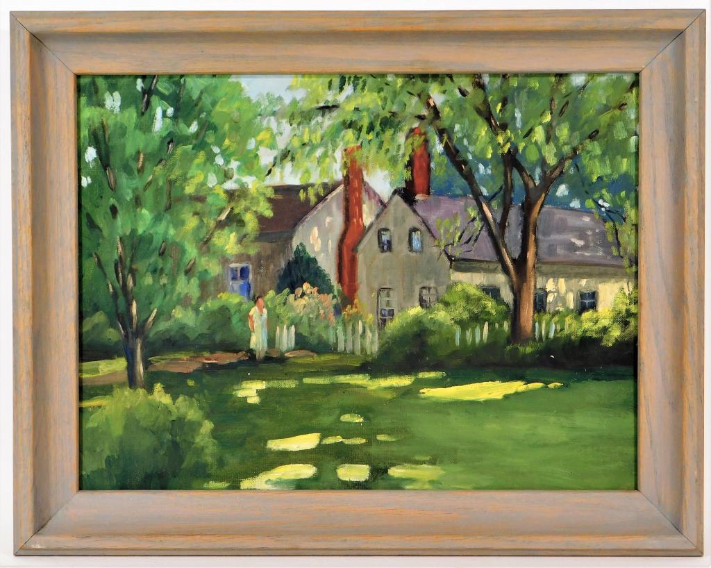 Helen Aubourg Impressionist Woman in Yard Painting: Helen Aubourg Massachusetts,20th Century Impressionist work depicting a woman standing in a grassy yard with white houses in the background. Oil on board,Board 12" x 16",Frame 14 3/4" x 18 1/2" Signed