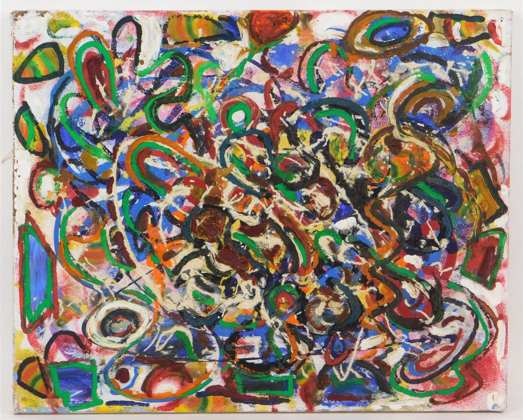 William Gropper Abstract Expressionist Painting: William Gropper Massachusetts,20th Century Substantial Essence One, expressionist composition of polychrome impasto squiggle and U shapes over a splattered background. The work exhibits influence from