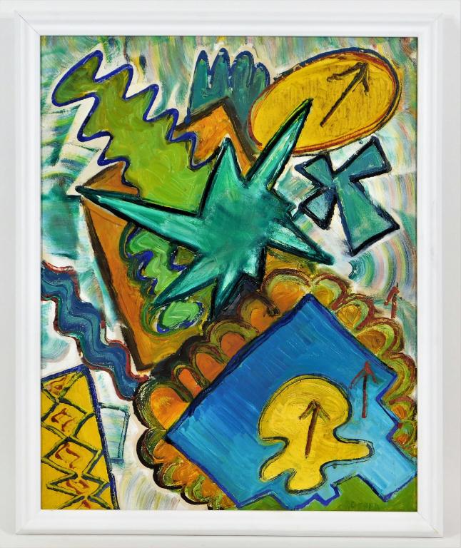 William Gropper Modernist Semi-Abstract Painting: William Gropper Massachusetts,20th Century Modernist composition of semi-abstract forms over a vibrant background. Oil on canvas,Canvas 20" x 16",Frame 21 1/2" x 17 1/2" Signed lower right "Gropper".