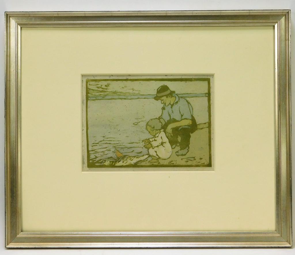 Eliza D. Gardiner Father and Child Woodblock Print: Eliza D. Gardiner United States,1871-1955 The Little Yachtsmen, 40/50, 8" x 11 1/2" Woodblock and color on paper,Impression area 7" x 9 1/2",Frame 18 1/4" x 22" Bert's Gallery label marked "Eliza Gard