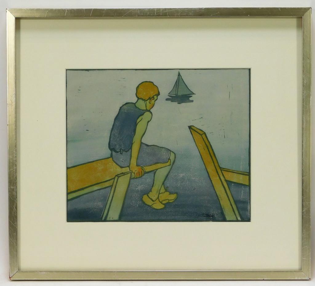 Eliza D. Gardiner Boy Staring Out at the Sea Print: Eliya D. Jardiuen United States,1871-1955 The Sail Boat, 7/30, 13 1/2" x 15 1/2" Woodblock and color on paper,Impression area 10 1/2" x 12 3/4",Frame 18 1/2" x 20 1/2" Signed "Eliza D. Gardiner" in pe