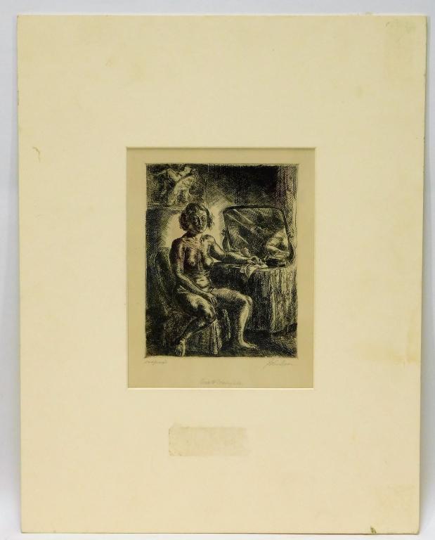 John Sloan Ashcan Social Realist Nude Etching: John Sloan New Hampshire, Pennsylvania,1871-1951 Nude at Dressing Table, from an edition of 100. Etching on paper,Impression 6 1/2" x 5 1/4",Paper 12 3/8" x 9 1/4" Signed "John Sloan", titled "Nude at