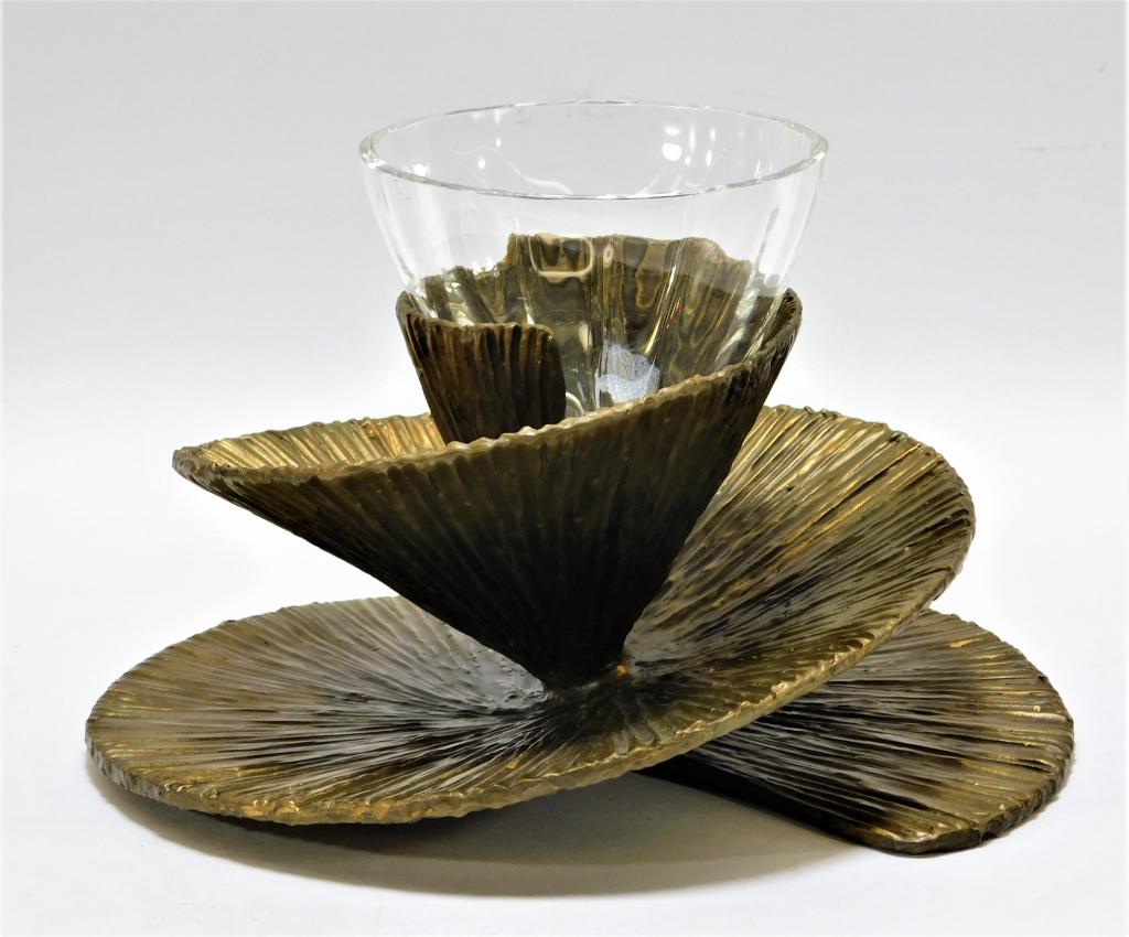 Michele Oka Doner for Steuben Oracle Vessel Vase: Michele Oka Doner United States,b.1945 Organic ridged spiral bronze stand supporting a glass cone vessel. Glass, bronze,8" x 13" dia., Bottom marked "Michele Oka Doner Steuben" on bottom. From the col