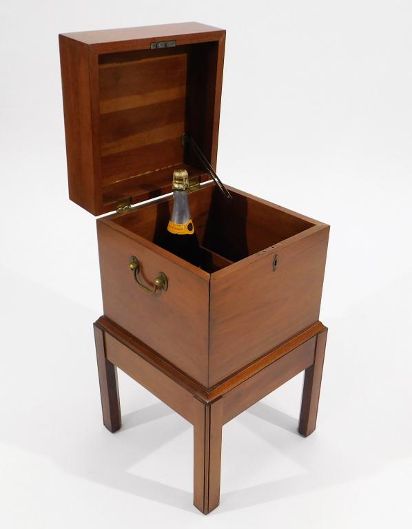 Antique American Cherry Wine Cellarette: ,19th Century Simple one piece base and cabinet construction with square top opens to reveal compartmented body supported by square legs. Wood,26 1/2" t x 14" w x 14" d, From the collection of a New Y