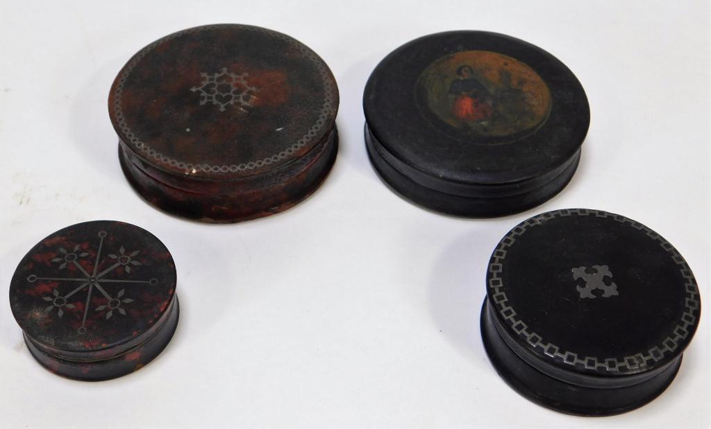 4 Antique Painted and Inlaid Snuff Boxes: Europe,19th Century Lot includes four circular snuff boxes, three with inlaid designs and one painted with the image of a person and a dog. Paper mache, paint,Smallest 1 3/4" dia.,Largest 3" dia. From