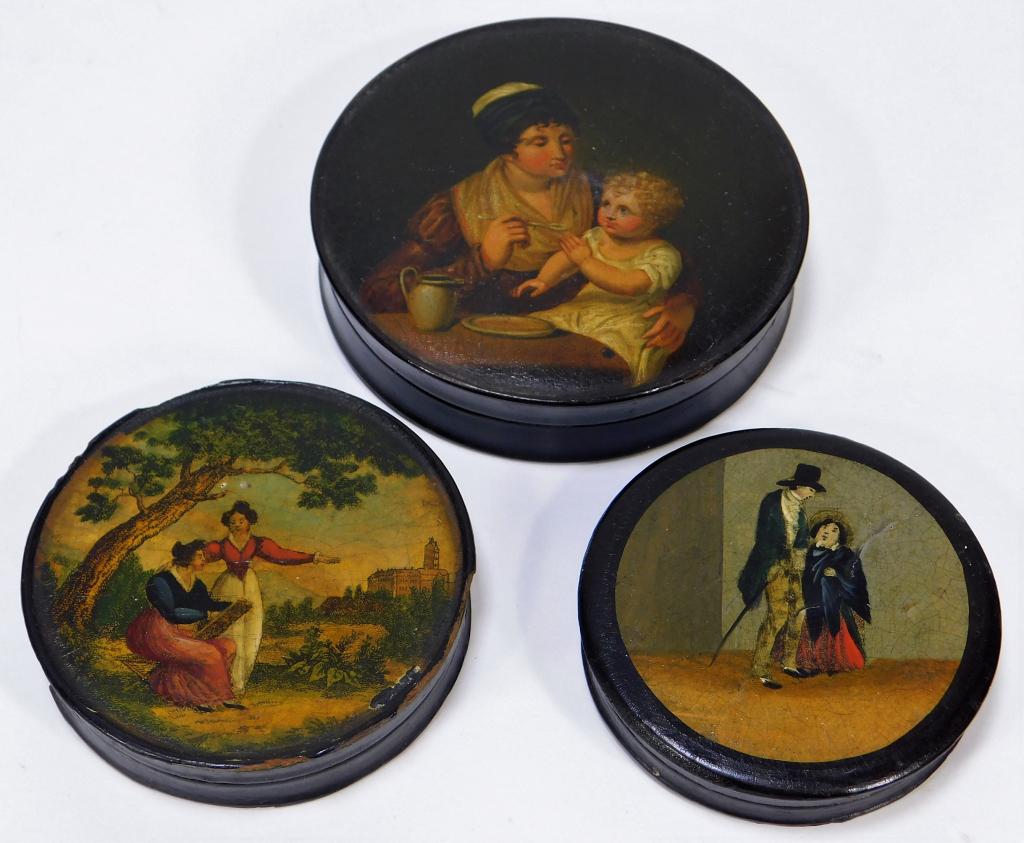 3 Antique European Portrait Painted Snuff Boxes: Europe,19th-20th Century Lot includes three circular snuff boxes, two painted with the images of couples and one with a woman feeding a baby. Paper mache, paint,Smallest 3 1/4" dia.,Largest 4 1/4" dia