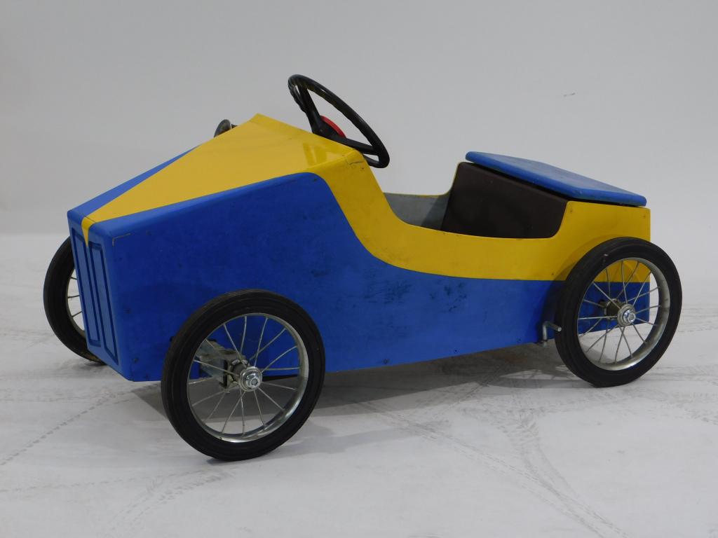 Yellow and Blue Little Soap Box Derby Car: United States,20th Century Small kit car perfect for parent child bonding done up in a snazzy buttercup yellow and cobalt blue paint job. Wood, metal,20" t x 47" w x 24" d, From the collection of a My