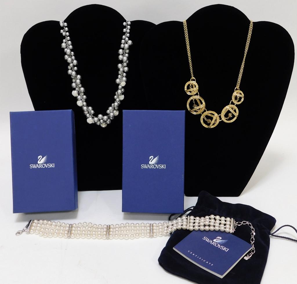 3PC Swarovski Pearl and Crystal Grouping: Austria,20th Century Lot includes one four strand pearl choker, one deco style gold and crystal necklace, and one grey pearl necklace. Metal, simulated pearl, crystal,Shortest chain 15",Longest chain 