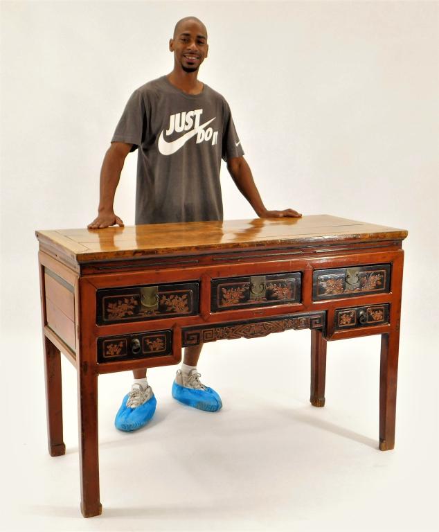 Chinese Hardwood Lacquered Altar Table: China,Early 20th Century Three over two relief carved drawers supported by square legs. Wood,50" x 22" x 34 1/2" tall, From the collection of a Westport, Massachusetts gentleman.