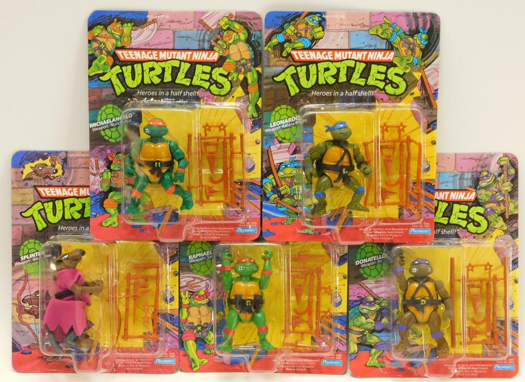 5PC 1988 Playmates TMNT MOSC Action Figure Group: United States.1988 Group includes Michelangelo C8 unpunched, Leonardo C8 unpunched, Raphael C8 unpunched, Splinter C8 unpunched, and Donatello C8 unpunched. Card back 10 1/4" x 7 3/4"