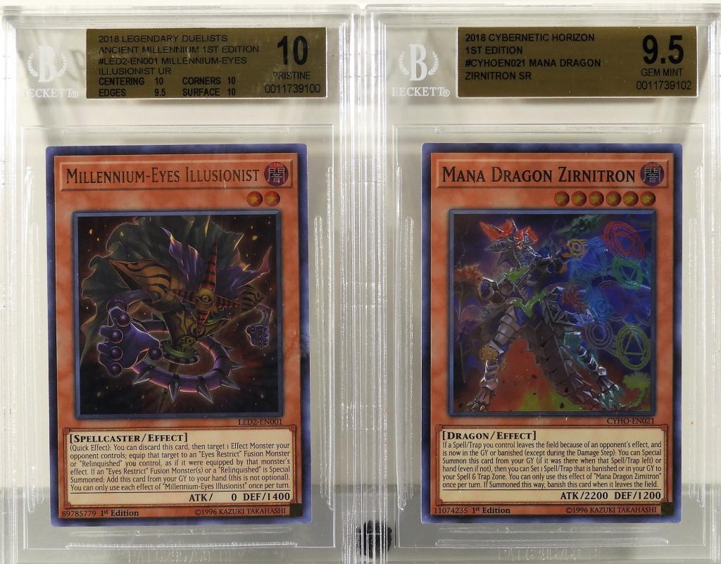 2PC YuGiOh 2018 BGS Gem 10 9.5 Trading Card Group: United States.2018 Group includes a 2018 Yu-Gi-Oh Legendary Duelists Millenium-Eyes Illusionist LEDS-EN001 1st edition (BGS PRISTINE 10) and a 2018 Cybernetic Horizon Mana Dragon Zirnitron CYHO-EN021 