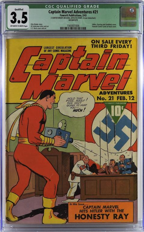 Fawcett Pub. Captain Marvel Adventures #21 CGC 3.5: United States.1943 Fawcett Publications Captain Marvel Adventures issue 21 from February, 1943. The book featured a Hitler, Goering, and Goebbels cover. According to the CGC census 5 in 3.5 overall, 4