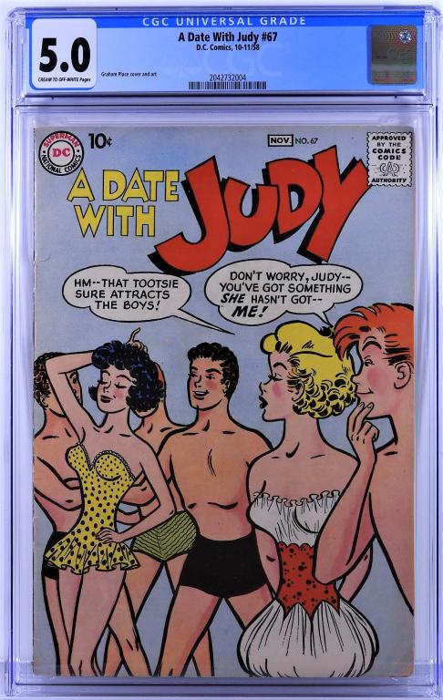 DC Comics A Date With Judy #67 CGC 5.0: United States.1958 DC Comics A Date With Judy issue 67 from October-November, 1958. The book featured a Graham Place cover and art. CGC 5.0 w/ Cream/Off-White Pages CGC case 13" x 8 1/4"