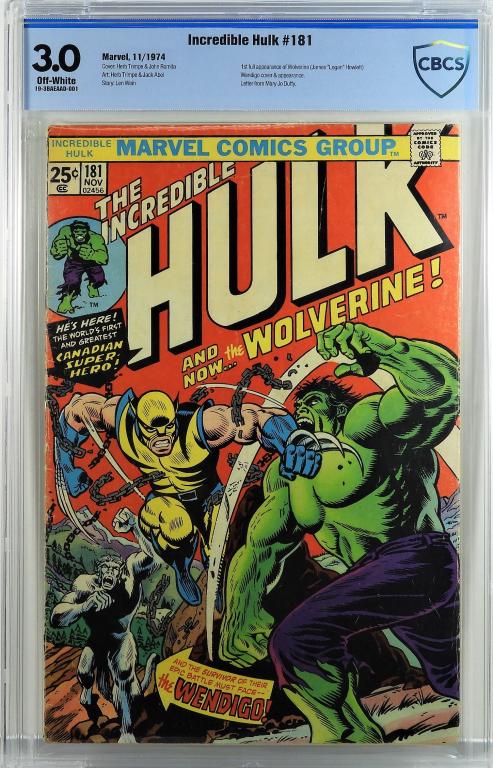 Marvel Comics Incredible Hulk #181 CBCS 3.0: United States.1974 Marvel Comics Incredible Hulk issue 181 from November, 1974. The book featured the first full appearance of Wolverine. CBCS 3.0 w/ Off-White Pages CBCS case 13" x 8 1/4"